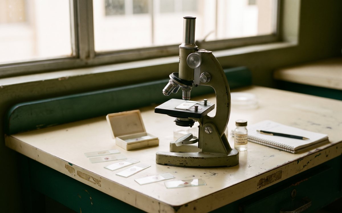 Microscopio óptico sobre una mesa de laboratorio de parasitología con portaobjetos y una libreta (imagen ilustrativa)