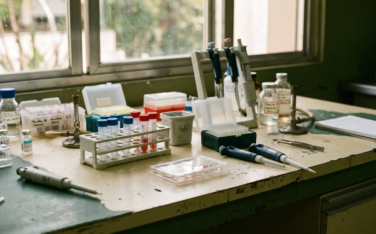 Mesa de laboratorio de virología veterinaria con tubos de ensayo, micropipetas y una placa de cultivo junto a una ventana (imagen ilustrativa)